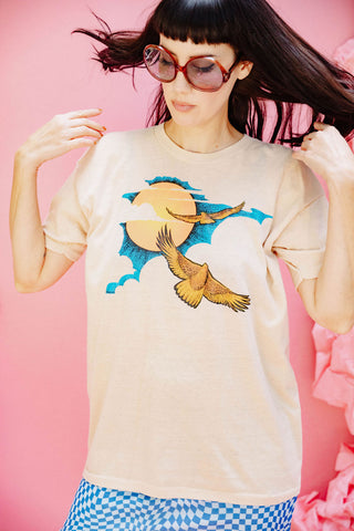 Vintage 70s Tee with Birds and Sky Graphic