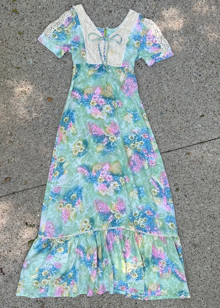 Vintage 70s Fairycore Pastel Watercolor Maxi Dress